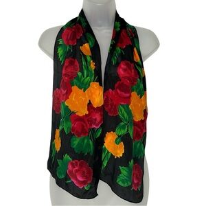 ECHO Multicolor Floral Flowers On Black Silk Scarf  9.5” X 52” .